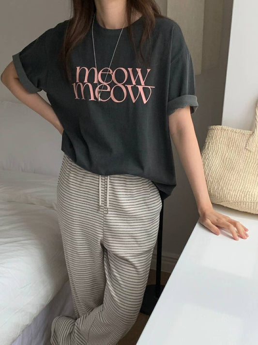 // 100%棉質復古配色’MEOW’字母TEE