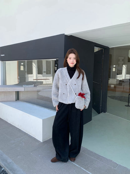 // V領雙排扣毛毛皮毛一體外套(連袋仔)