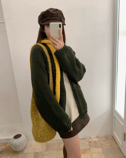 // 大口袋翻領粗棒織拉鍊CD