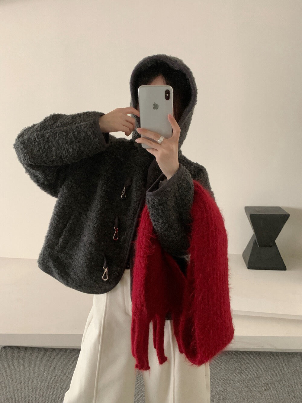 //65%羊毛特別鈕扣羊羔毛連帽外套