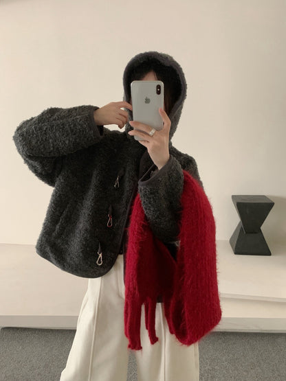 //65%羊毛特別鈕扣羊羔毛連帽外套