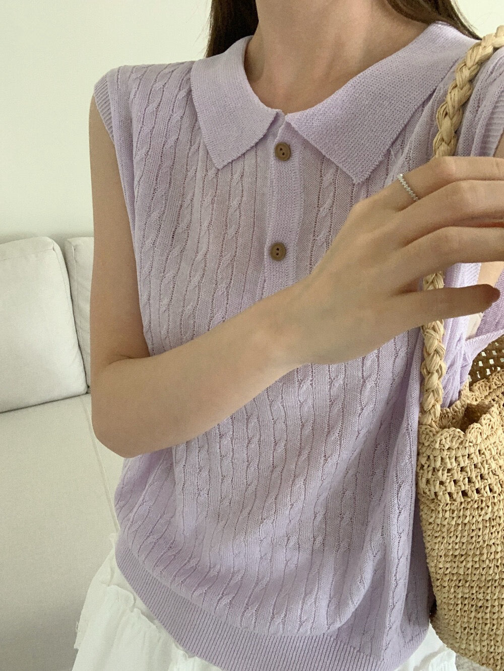 // 天絲麻透氣麻花polo背心針織