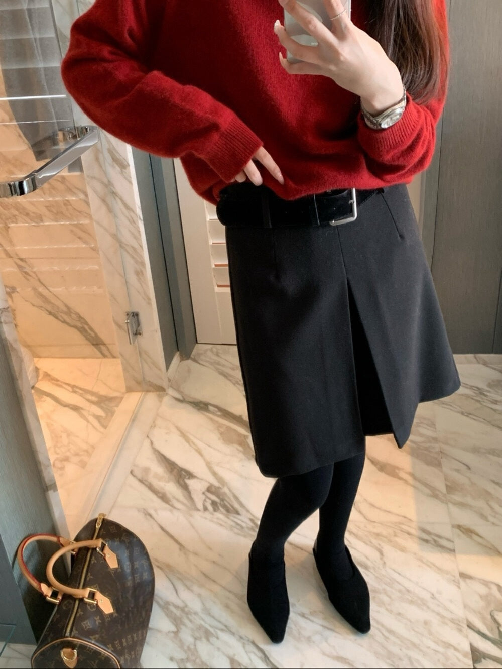 // 高級感雙層開叉五分毛呢裙