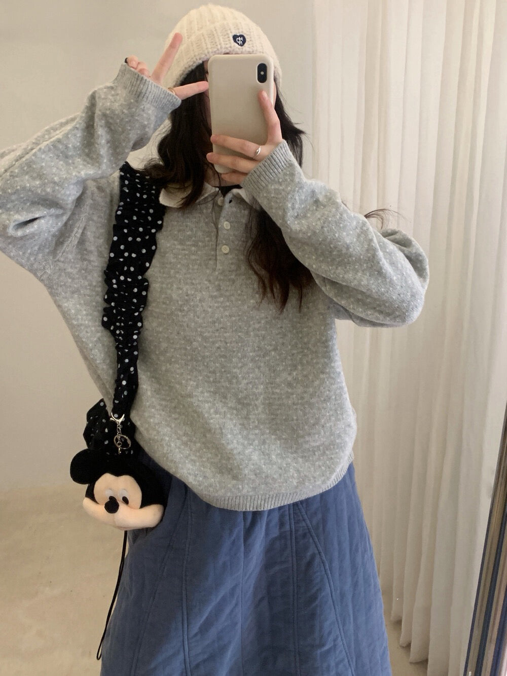 // 100%綿羊毛小心心點點撞色翻領NT