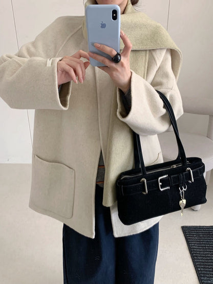 // 超氣質內撞色簡潔圓領100%手工雙面羊毛外套(連頸巾)