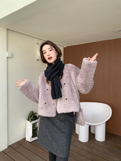 // V領雙排扣毛毛皮毛一體外套(連袋仔)