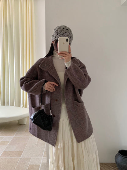 // 立領簡約風100%羊毛手工雙面中長外套