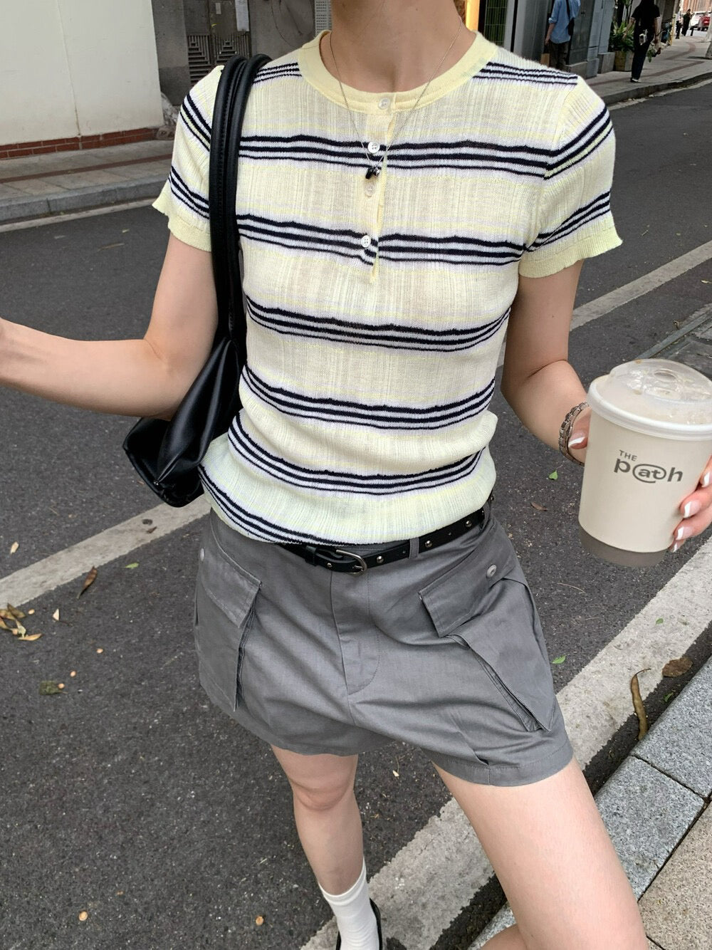 // 極顯瘦圓領小鈕扣間條短袖NT
