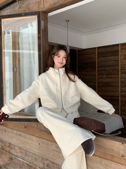 // 連毛毛帽加絨拉鍊外套+橡筋褲套裝