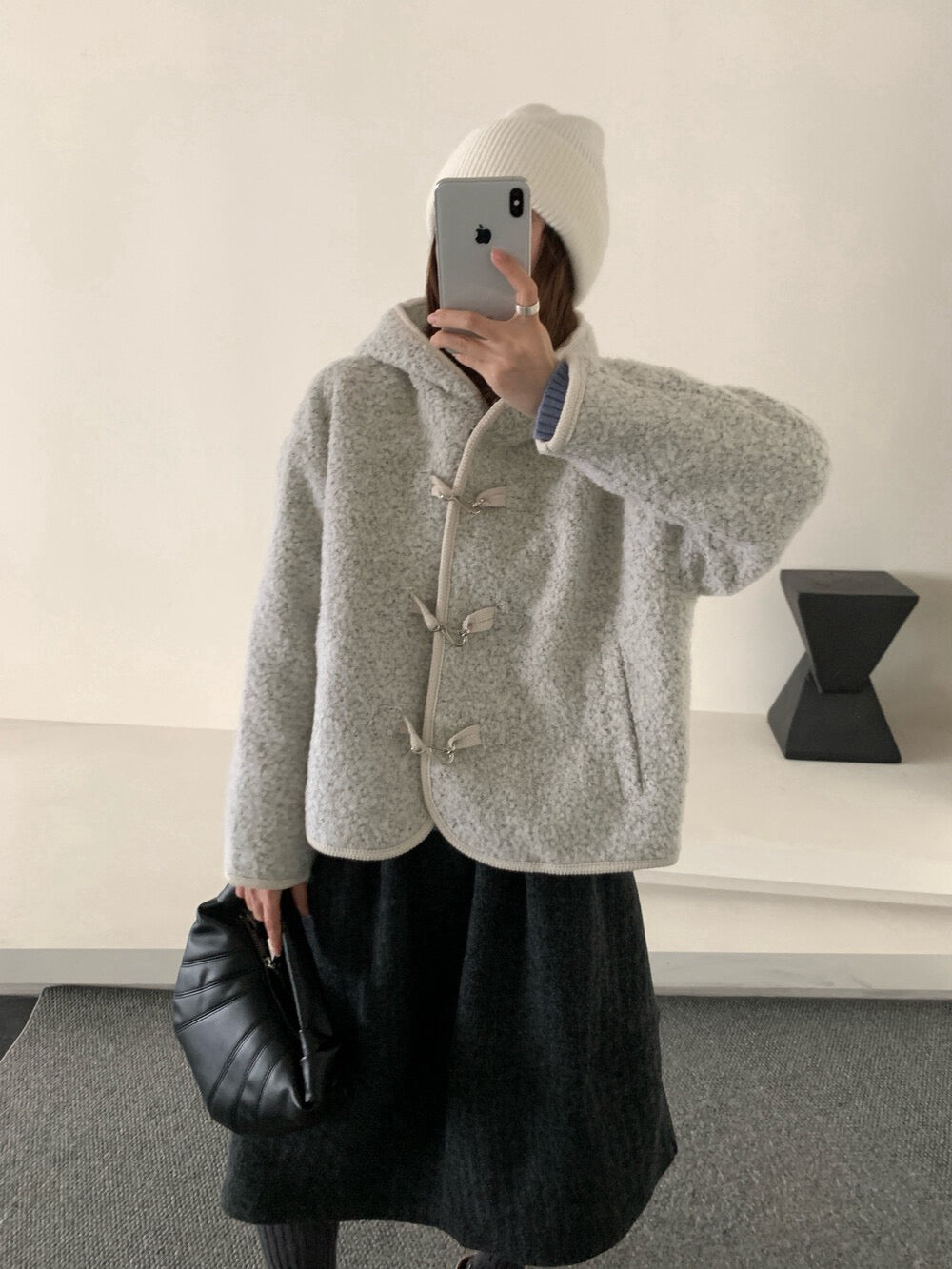 //65%羊毛特別鈕扣羊羔毛連帽外套