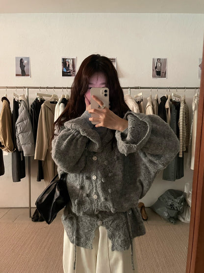 // 法式鈎花設計感抽繩V領立體裝飾CD