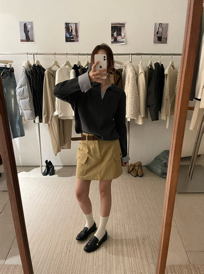 // 極簡風拼接間條恤衫假兩件翻領NT