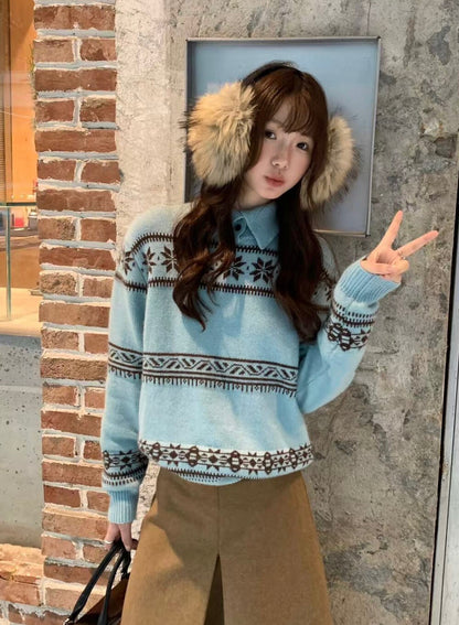 // 10%raccoon雪花花紋翻領毛衣