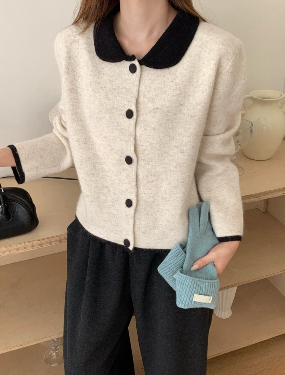 // 10%綿羊毛撞色復古圓翻領CD