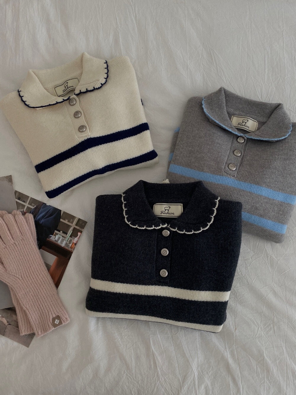 // 好美的撞色包邊花邊領間條開鈕NT