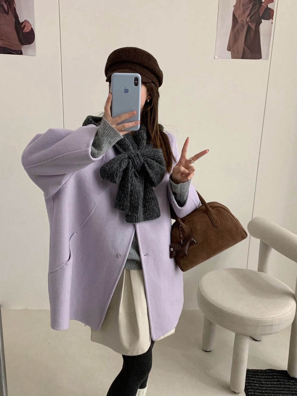 // 10%alpaca+90%wool簡約圓領手工外套(連頸巾)