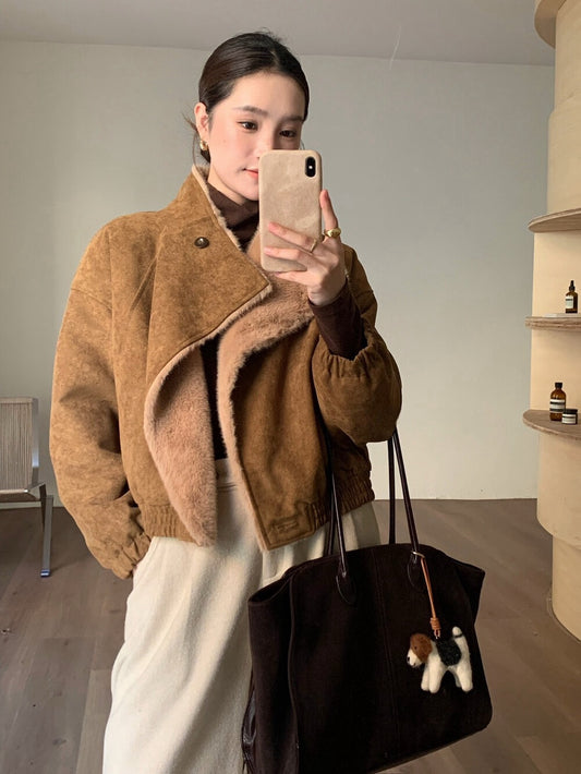// 帥氣隨性領子皮毛一體麂皮絨外套