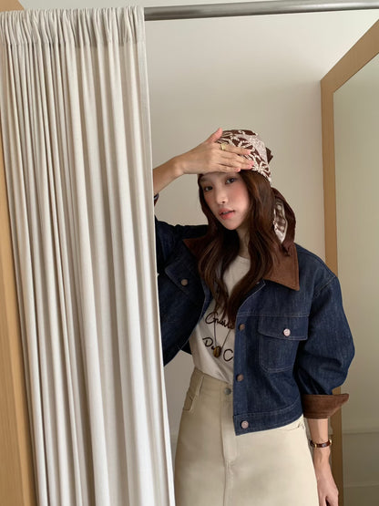 // 復古撞色燈芯絨領短款牛仔外套