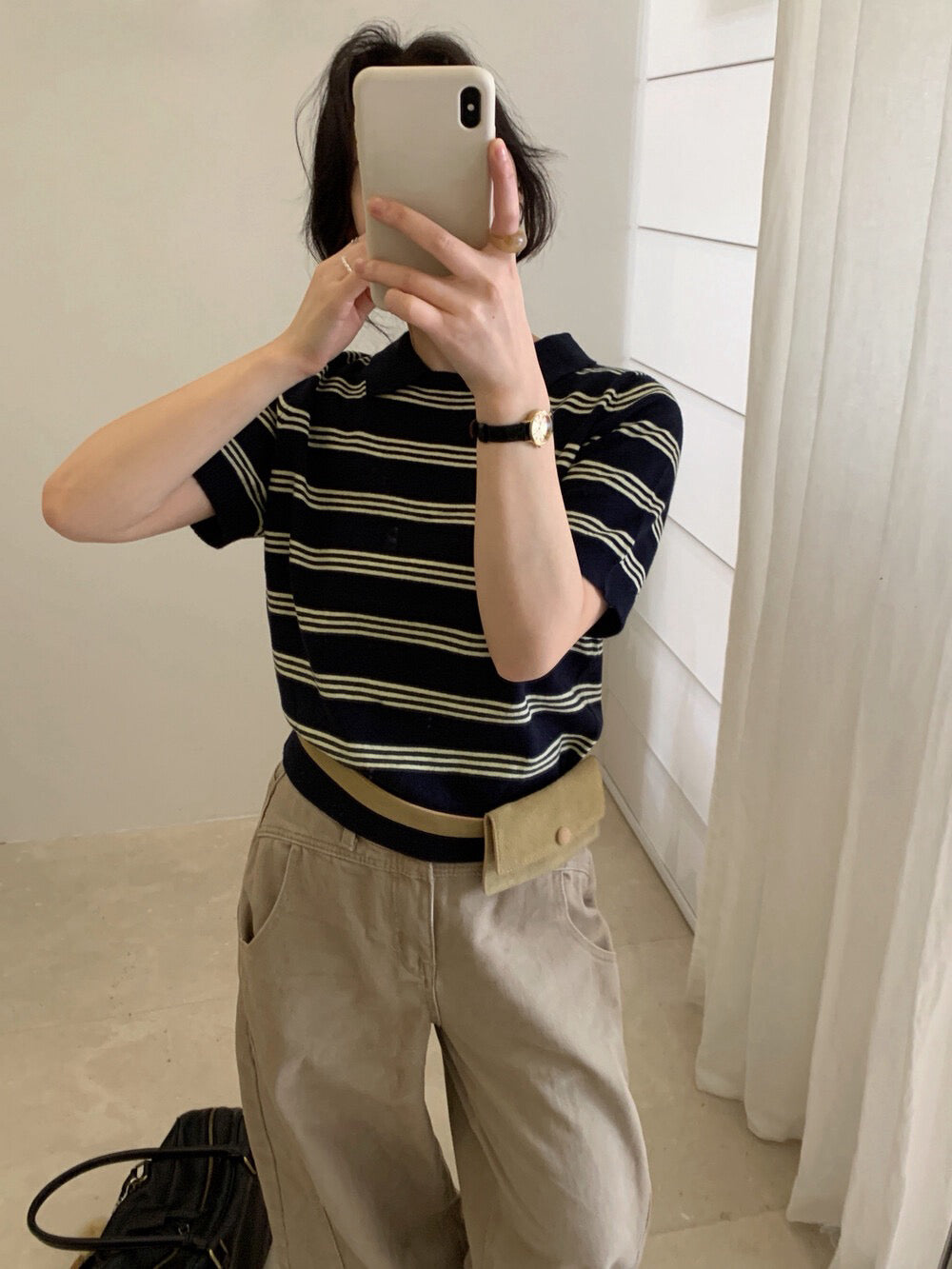 // Miu風翻領間條短袖NT