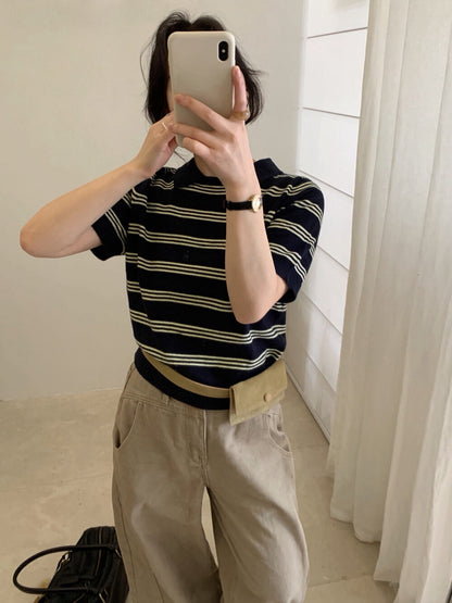 // Miu風翻領間條短袖NT