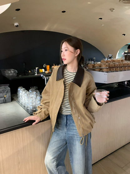 // 帥氣拼皮領燈芯絨可束腳拉鍊外套