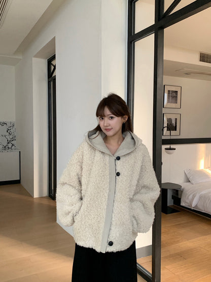 // 拼接材質可愛毛茸茸連帽外套