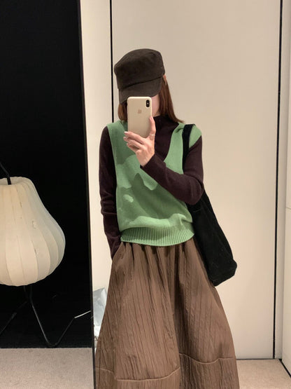 // 無縫一體疊穿必入深v 100%羊毛背心