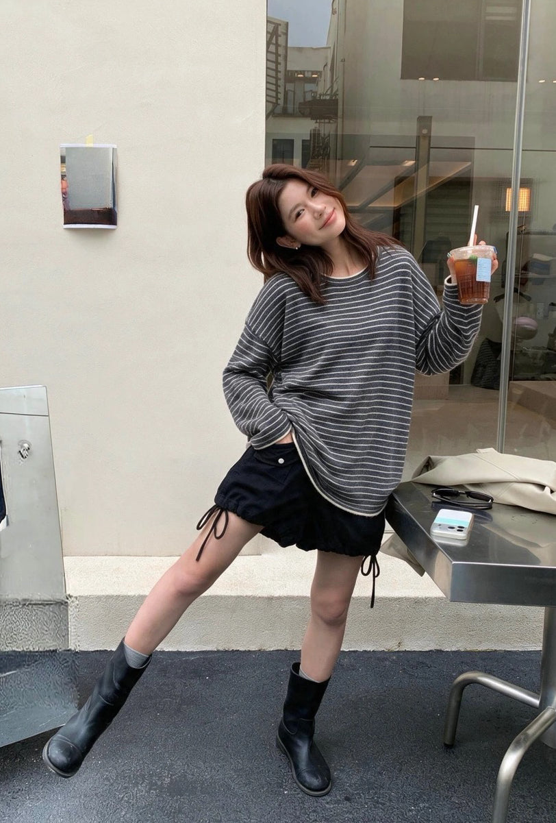 B218 / 寬鬆休閒look間條長款上衣