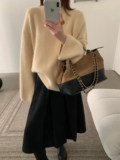 // 色系超美30%兔毛毛茸感軟糯親膚圓領毛衣