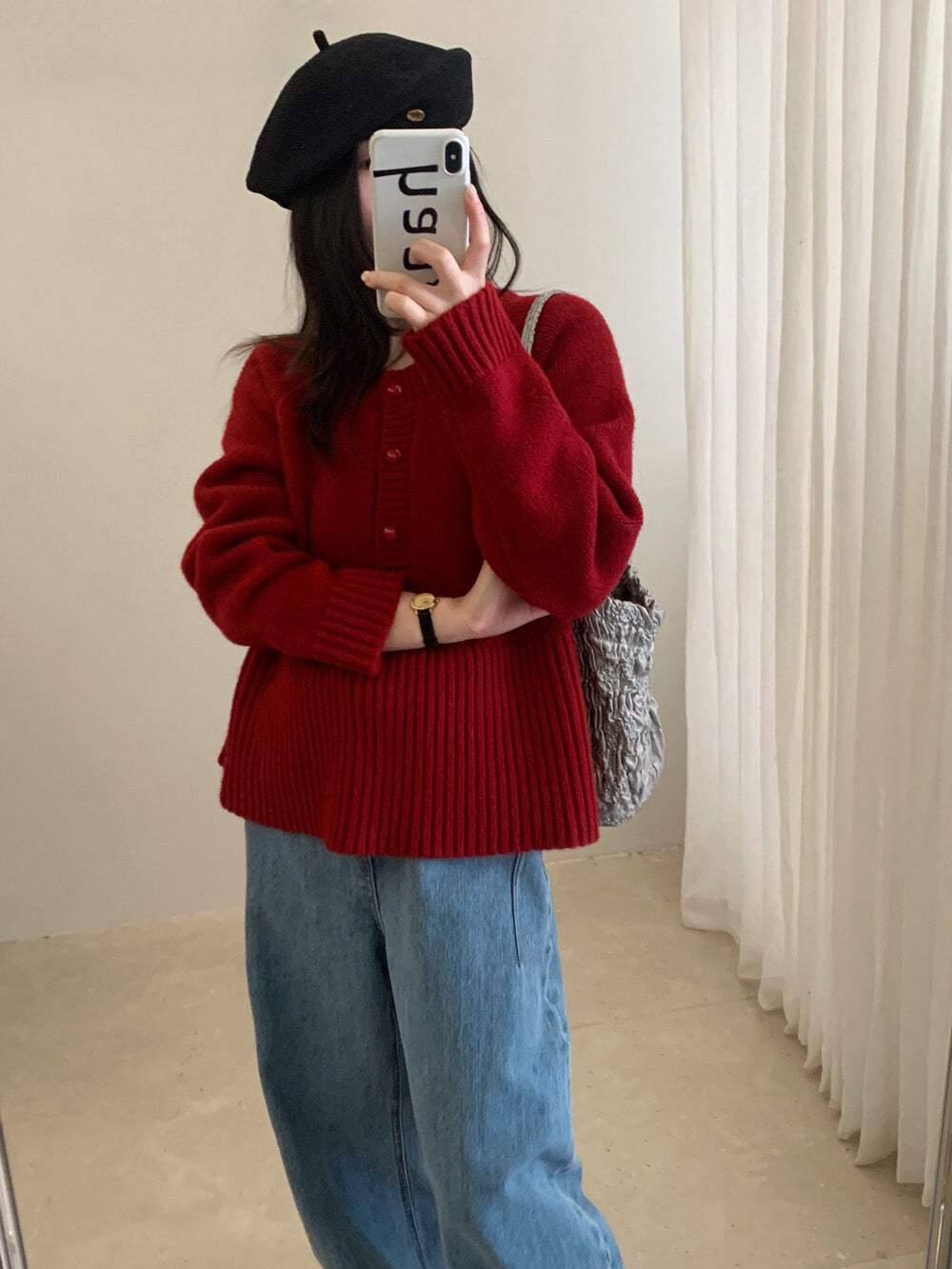 // 法式甜美直坑紋衣擺半鈕扣毛衣