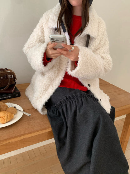 // 皮扣可立領口袋毛毛外套