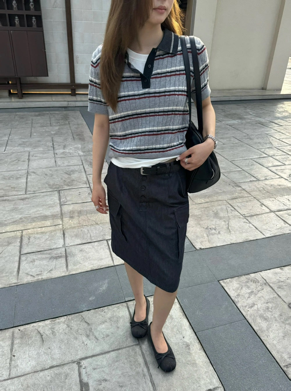 B126 / 復古撞色Miu系間條短袖針織上衣