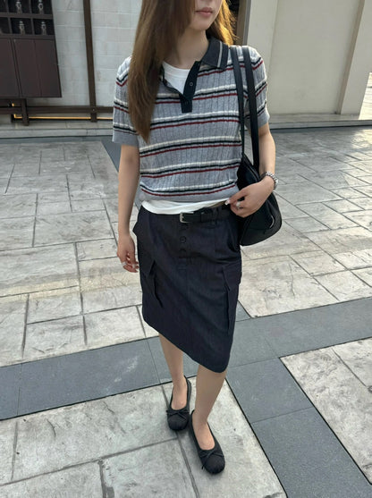 B126 / 復古撞色Miu系間條短袖針織上衣