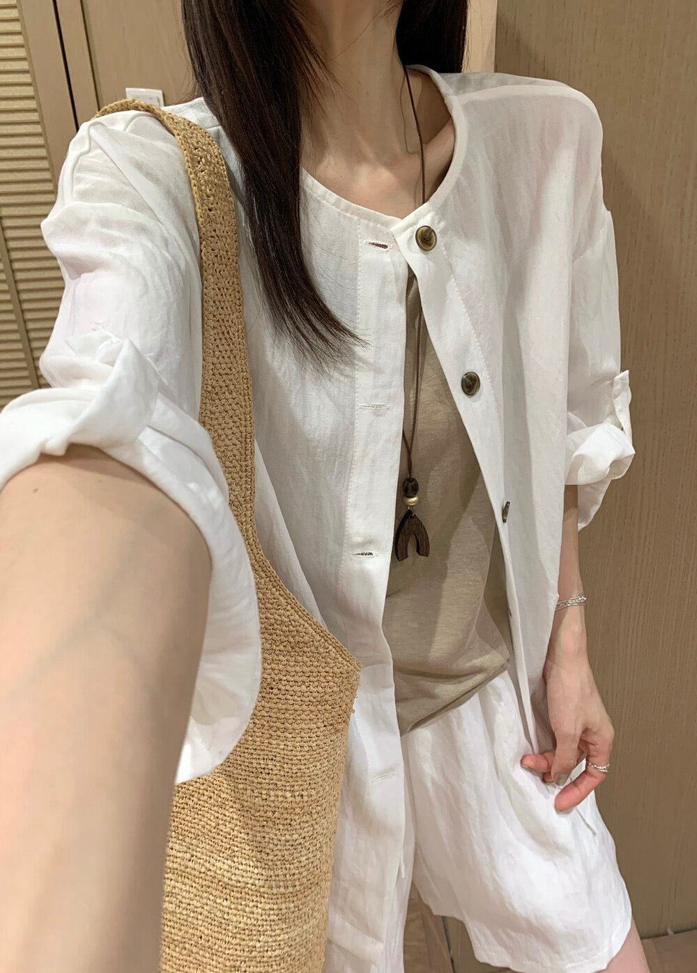 S25 / 輕薄棉麻反褶袖開胸上衣+背心+短褲三件套