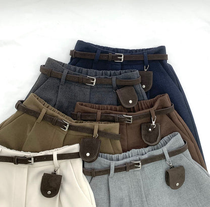 // 帥氣八分毛呢料加絨褲(連小腰包+腰帶)