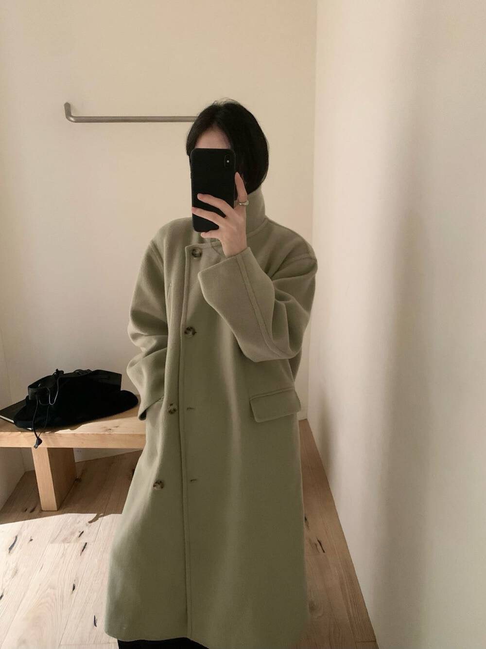 // 100%羊毛氣質可立領長款手工大衣