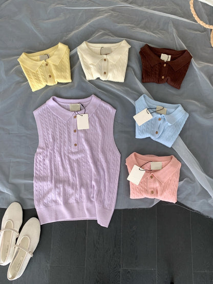 // 天絲麻透氣麻花polo背心針織