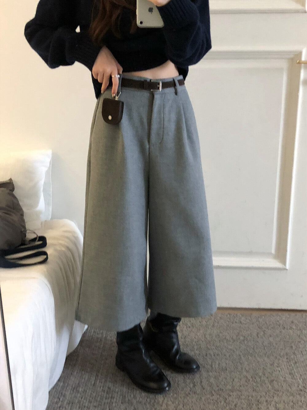 // 帥氣八分毛呢料加絨褲(連小腰包+腰帶)