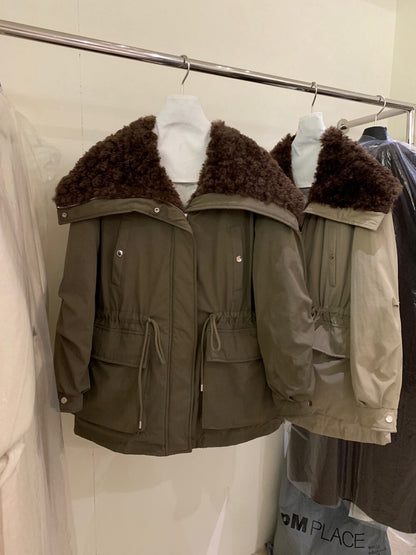 // 超帥大毛毛翻領可束腰口袋工裝外套