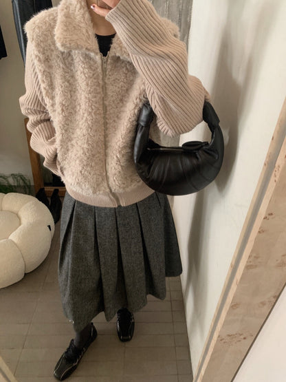 // 設計感毛毛翻領拼接織紋拉鍊外套