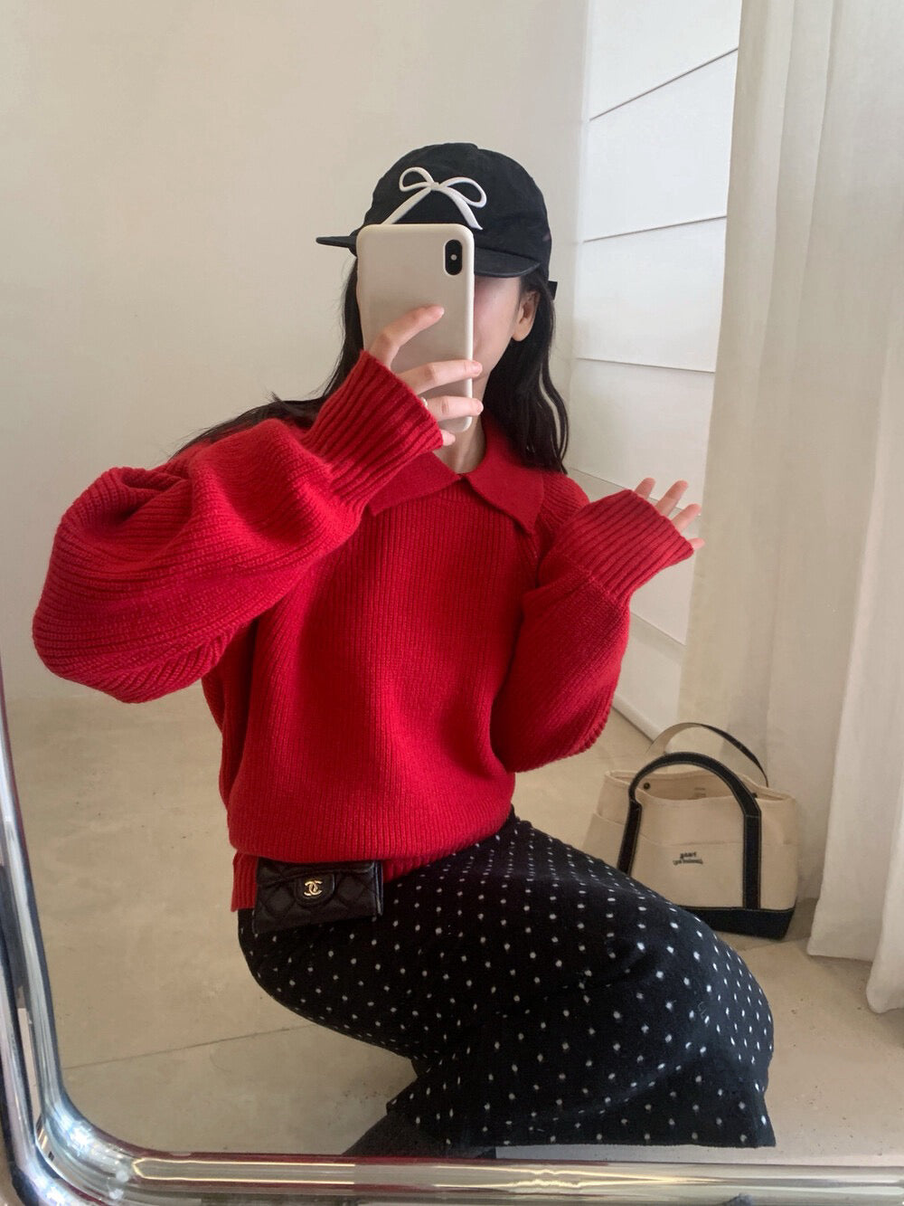 // 部分撞色翻領插肩毛衣