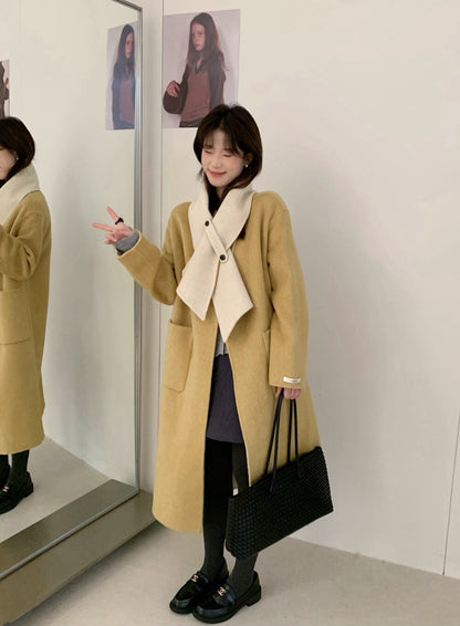 // 撞色內裡斜襟連頸巾100%羊毛雙面手工外套