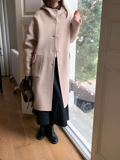 // 80%wool+20%alpaca連帽可愛口袋手工羊毛外套