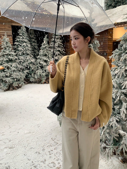 // 100%羊毛設計感假兩件手工外套