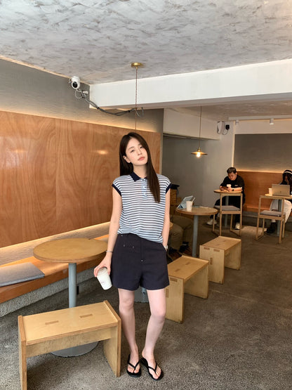 // 28%羊毛撞色邊polo間條針織背心