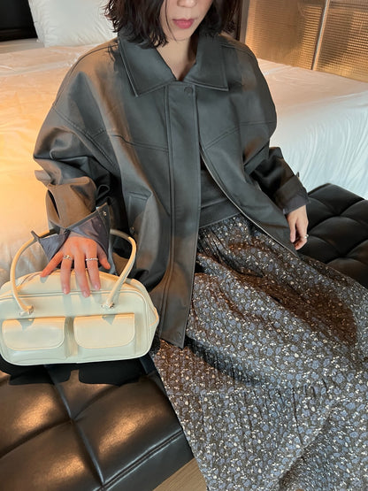 // 經典啞光翻領彷皮外套￼