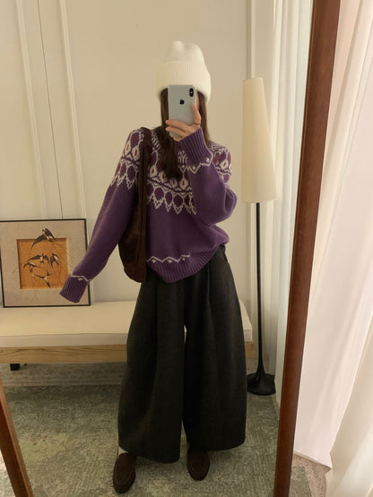 // 30%raccoon超美配色花紋毛衣