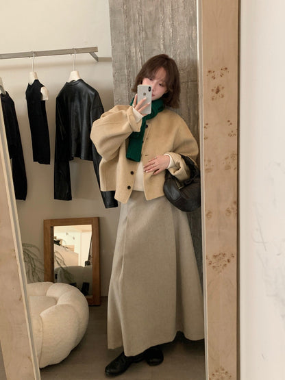 // 100%羊毛簡約圓領小口袋雙面羊毛手工外套