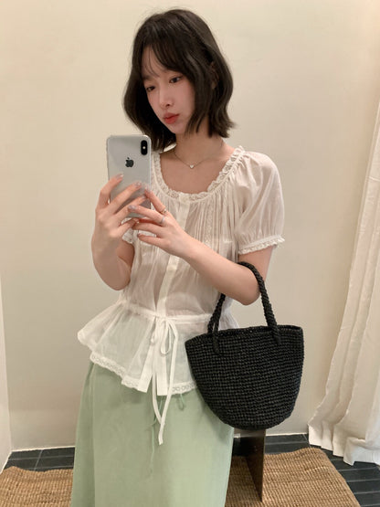 // 棉麻lace邊可束腰精緻BL