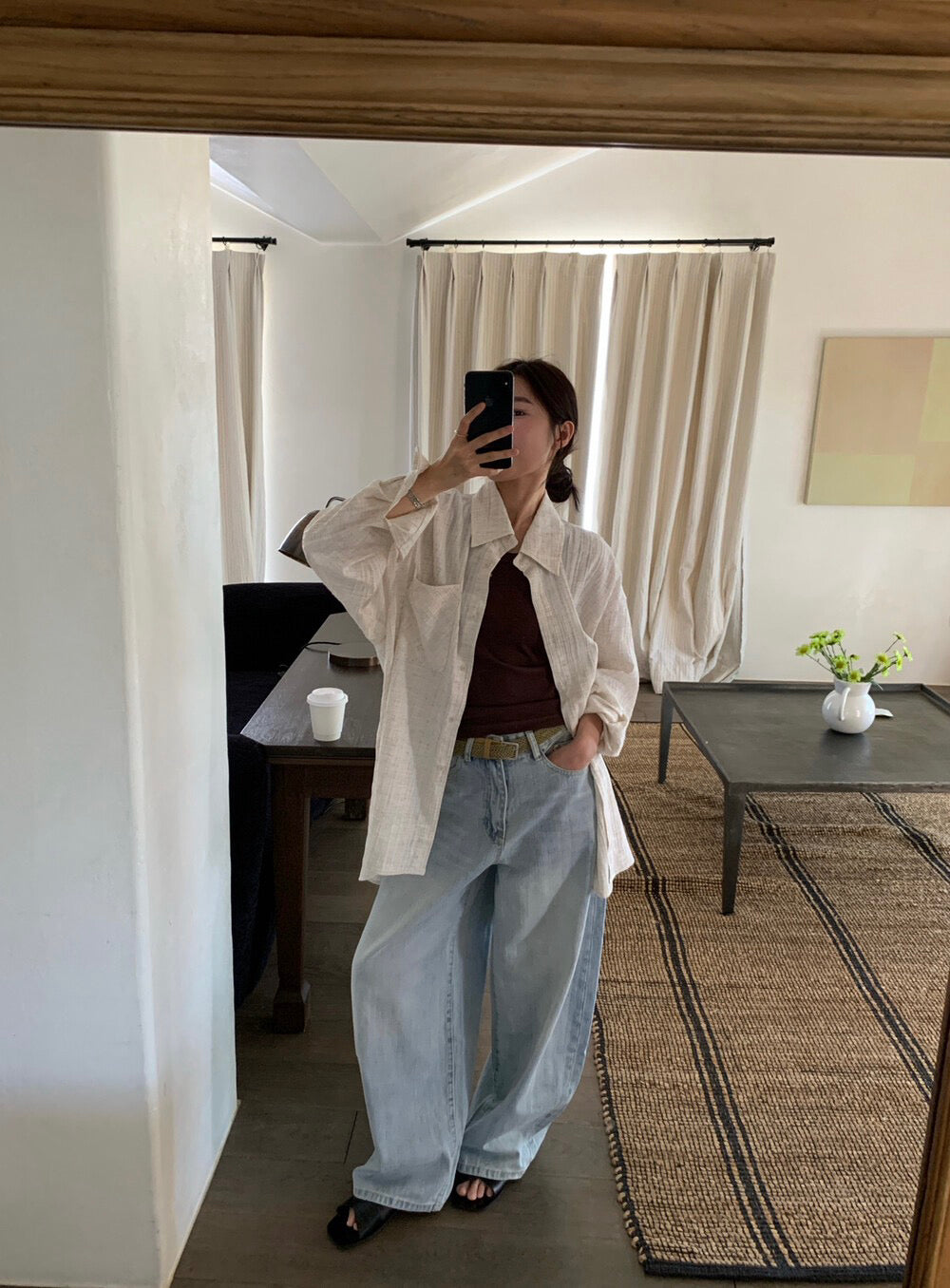 👖 慵懶洗水直闊褲牛仔褲(連腰帶)
